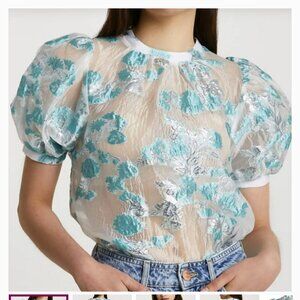 River Island Blue Short Puff Slevve Jacquard Top